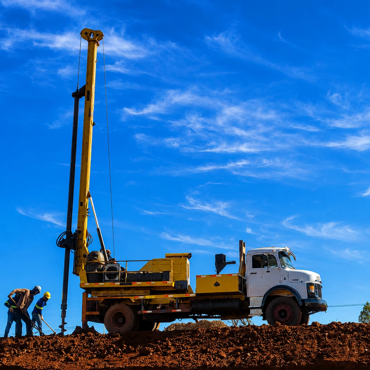 Canteiro de obras com perfuradora sob céu azul