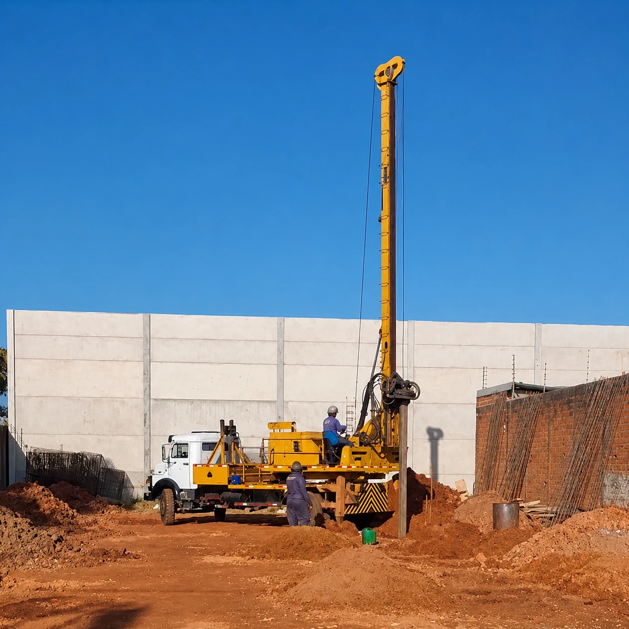 Perfuradora e operários atuando no canteiro de obras