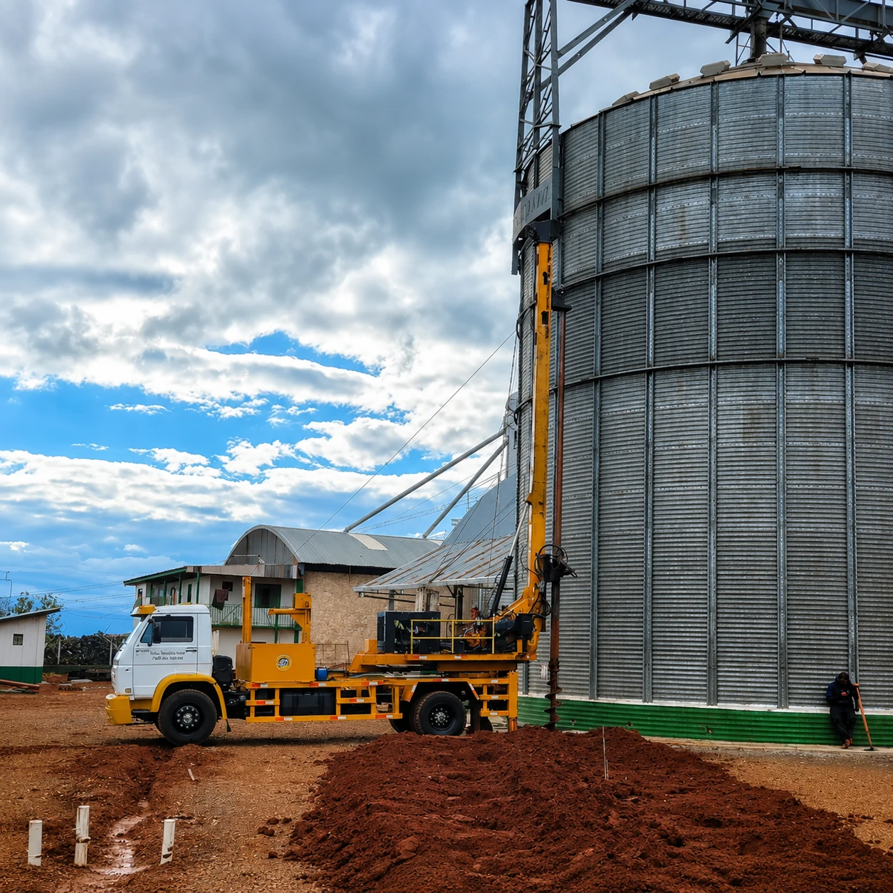 Cenário industrial com perfuração e movimentação de terra